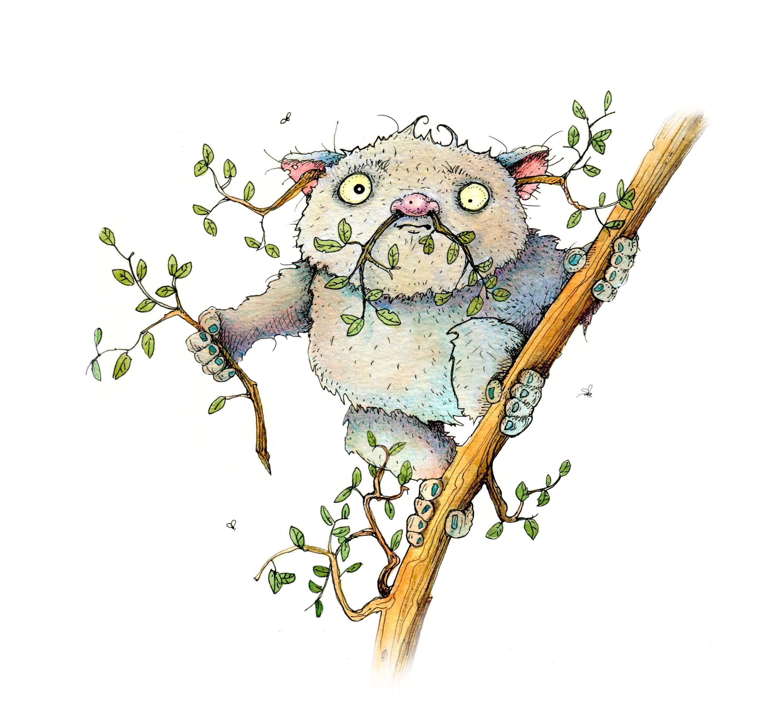 Watercolour painting of fantasy creature trying to camouflage with twigs on a tree