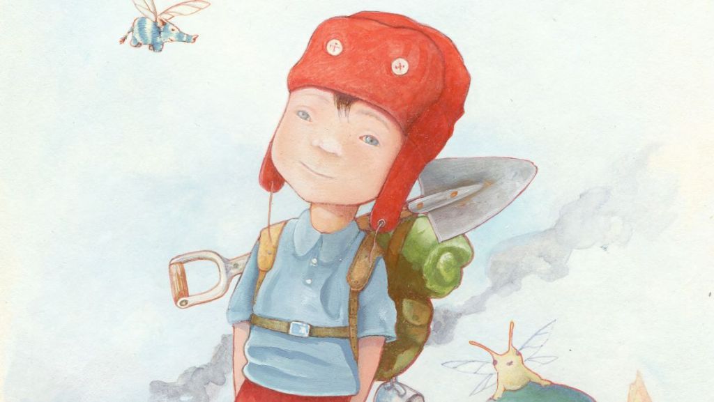 drawing of young explorer Edward Summersby with red hat, backpack and tiny, flying elephant