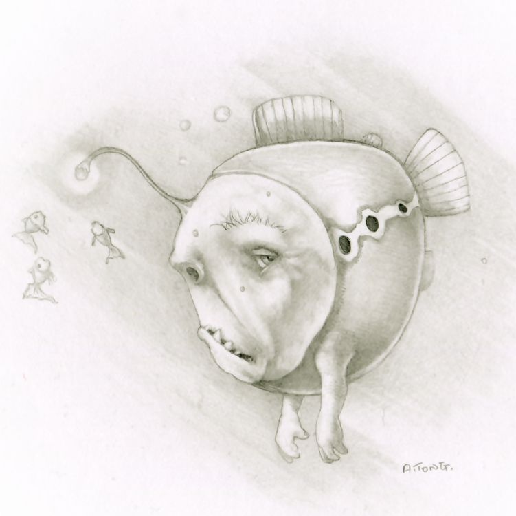 Pencil drawing of grumpy mermoid which is a fish with a grumpy face with dangly light on his head and arms