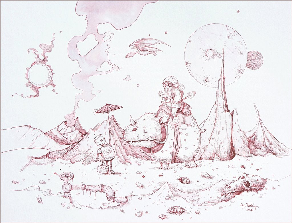 Pen and ink drawing with a hitch-hiking robot in a dystopian space landscape meeting an adventurer riding a strange creature
