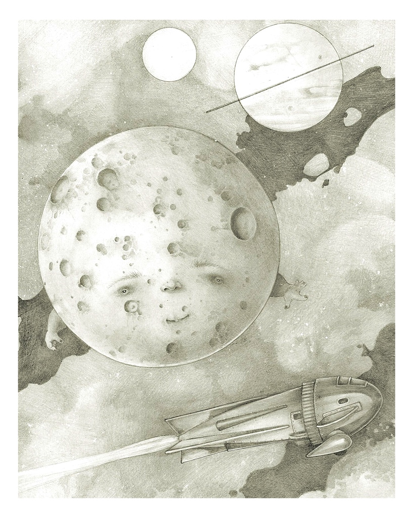 Graphite drawing with man in the moon and flying rocket