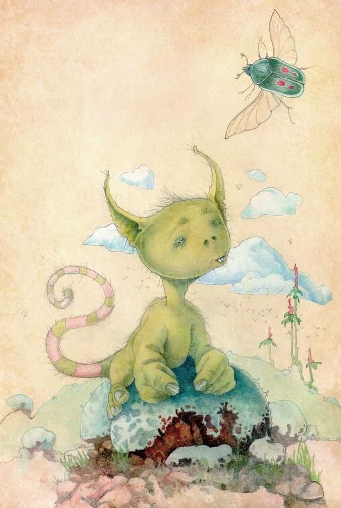 Graphite and ink drawing with fantasy creature an flying beetle