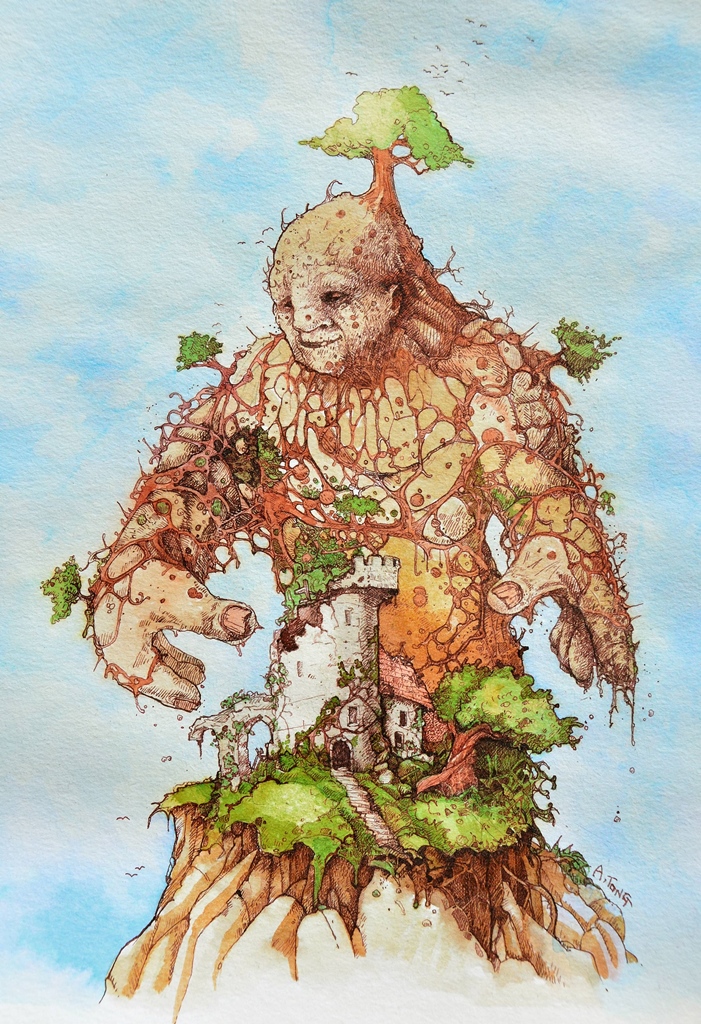 Artwork of giant covered in trees behind an old castle perched on a mountain top