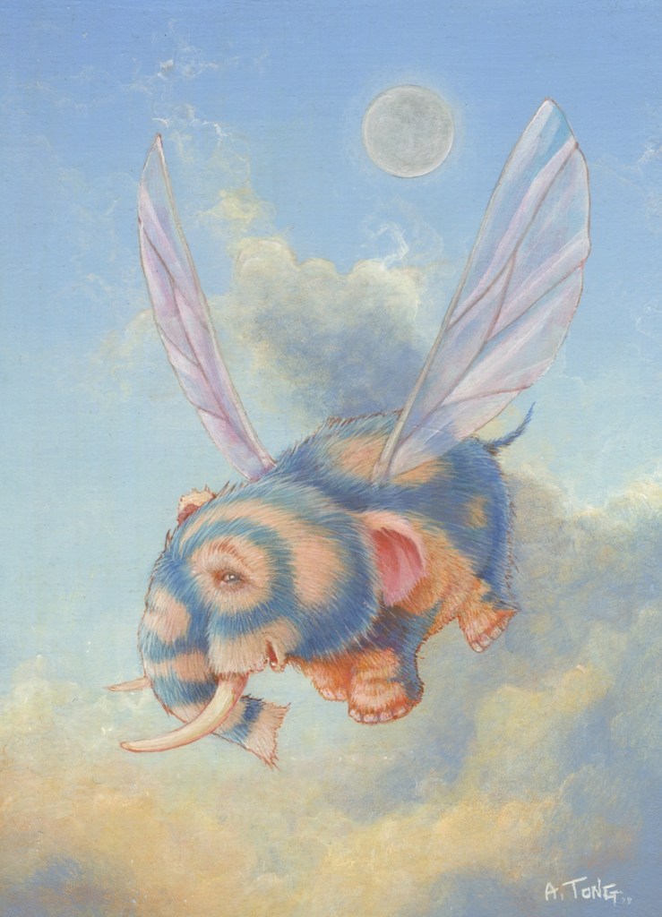 Acrylic painting of small elephant with wings above the clouds