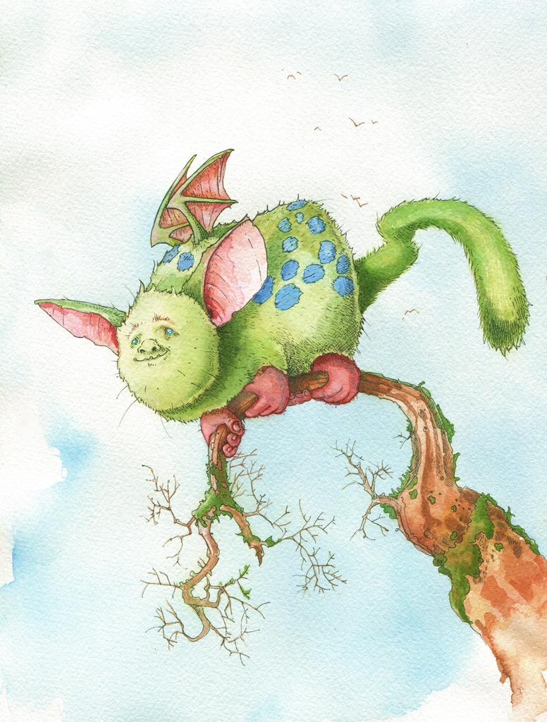 Fantasy creature with tiny wings perching on a branch ready to fly