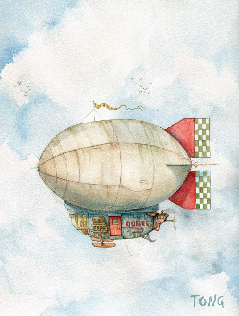 Watercolour painting with airship named Doris