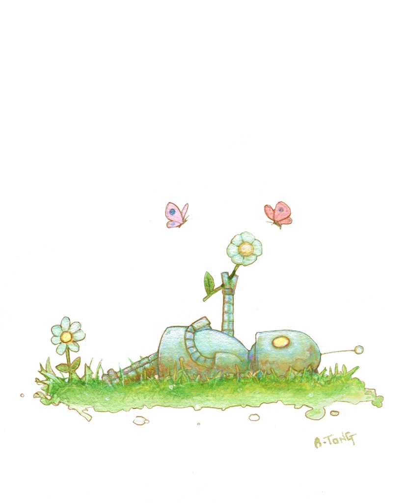 Watercolour drawing of robot laying on the grass holding up a flower to some butterflies