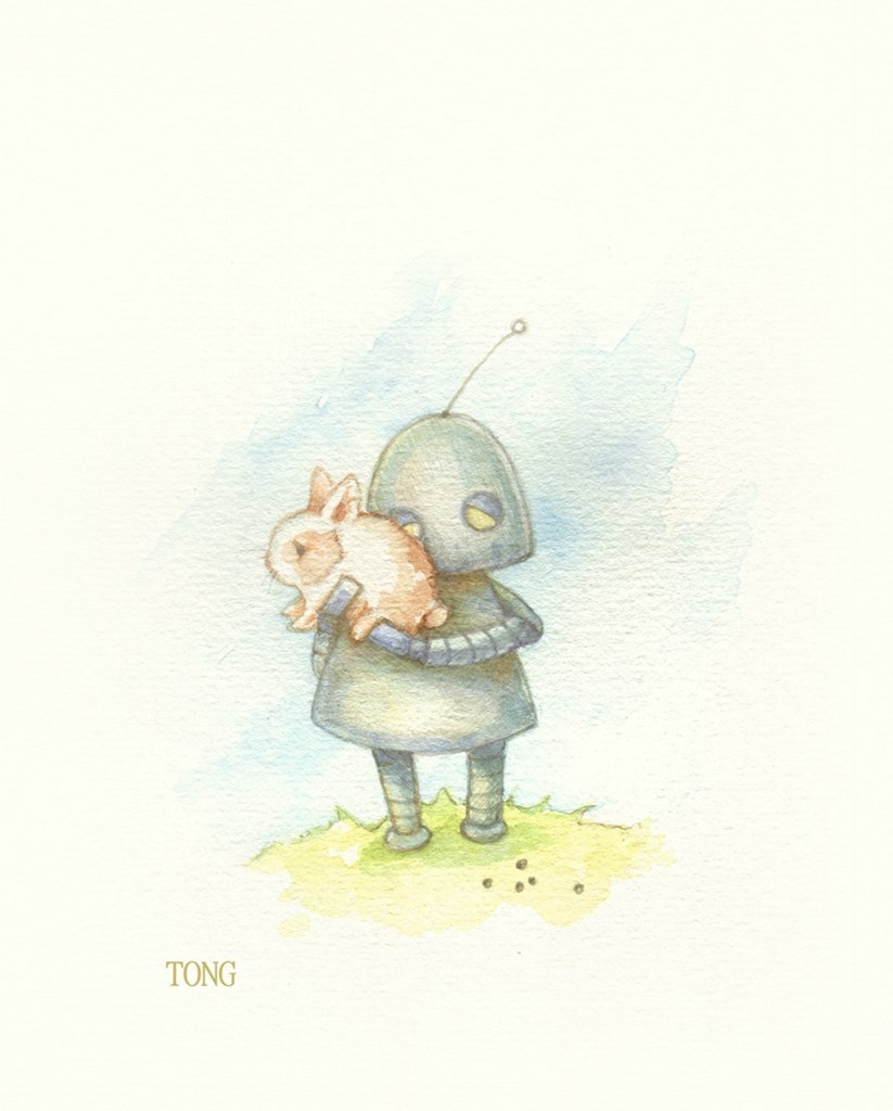 Painting of a robot holding and cuddling a bunny