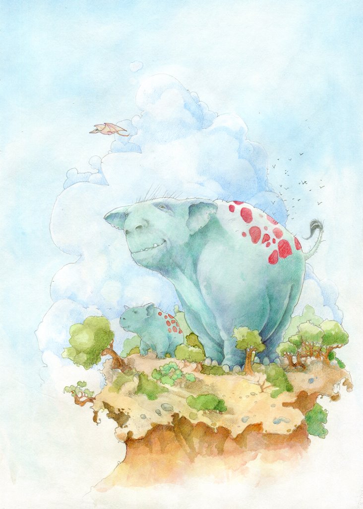 Watercolour painting with giant fantasy creatures walking towering over trees