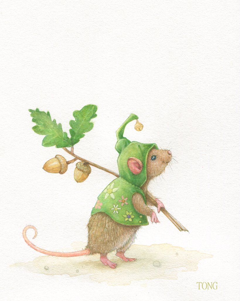 Watercolour drawing of a friendly looking mouse carrying a small stick with leaves and acorns