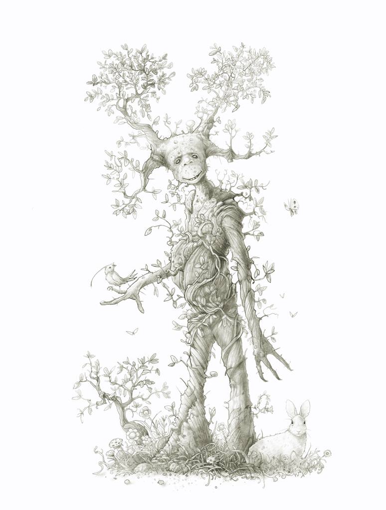 Graphite drawing of walking tree with wildlife around it