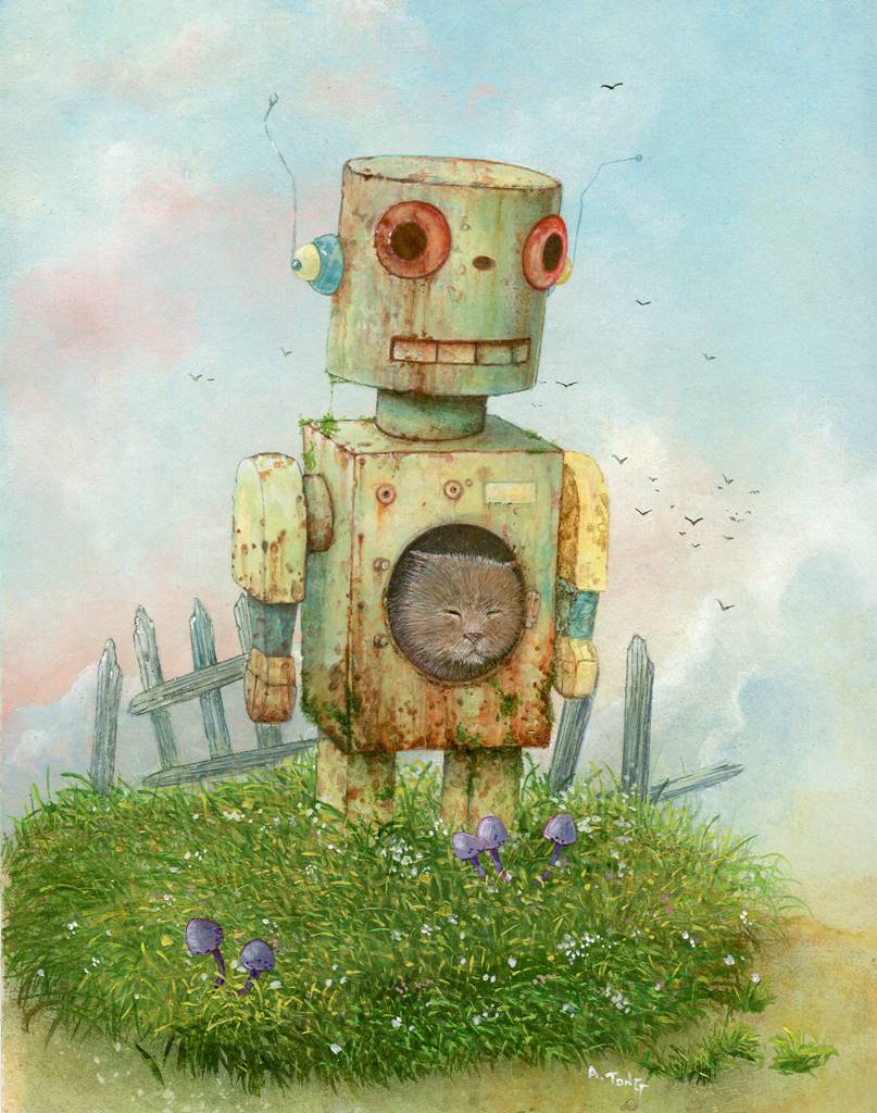 Watercolour painting of rusty robot standing in a garden with a cat sleeping in it