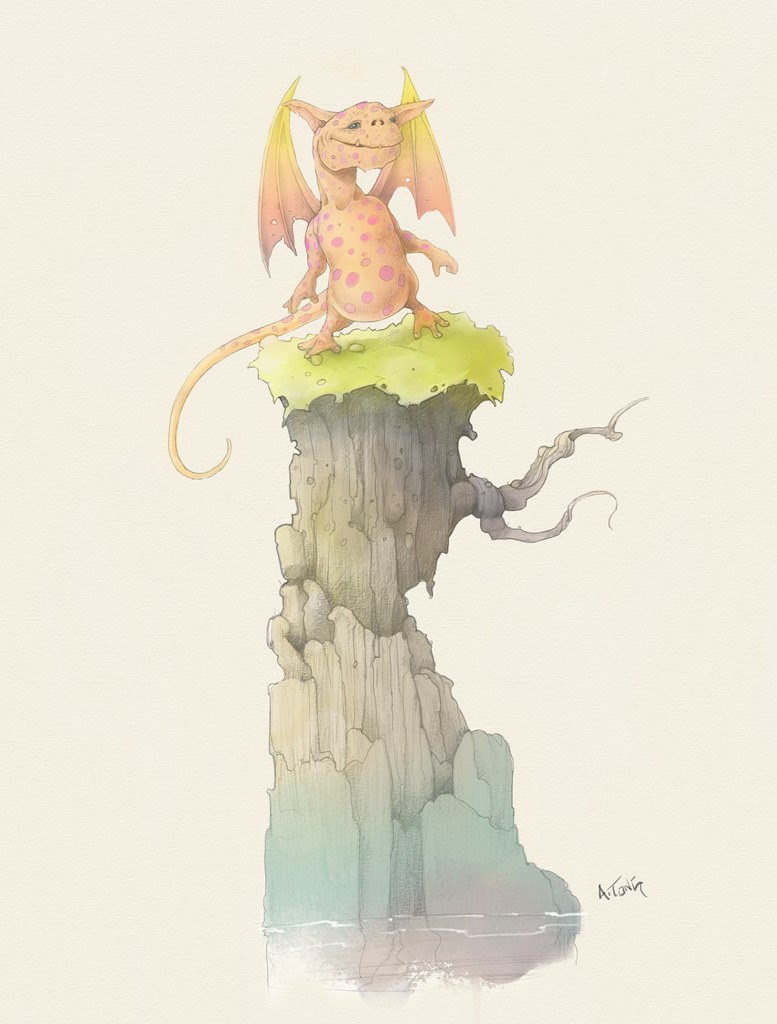 Drawing of tiny dragon standing on a rock