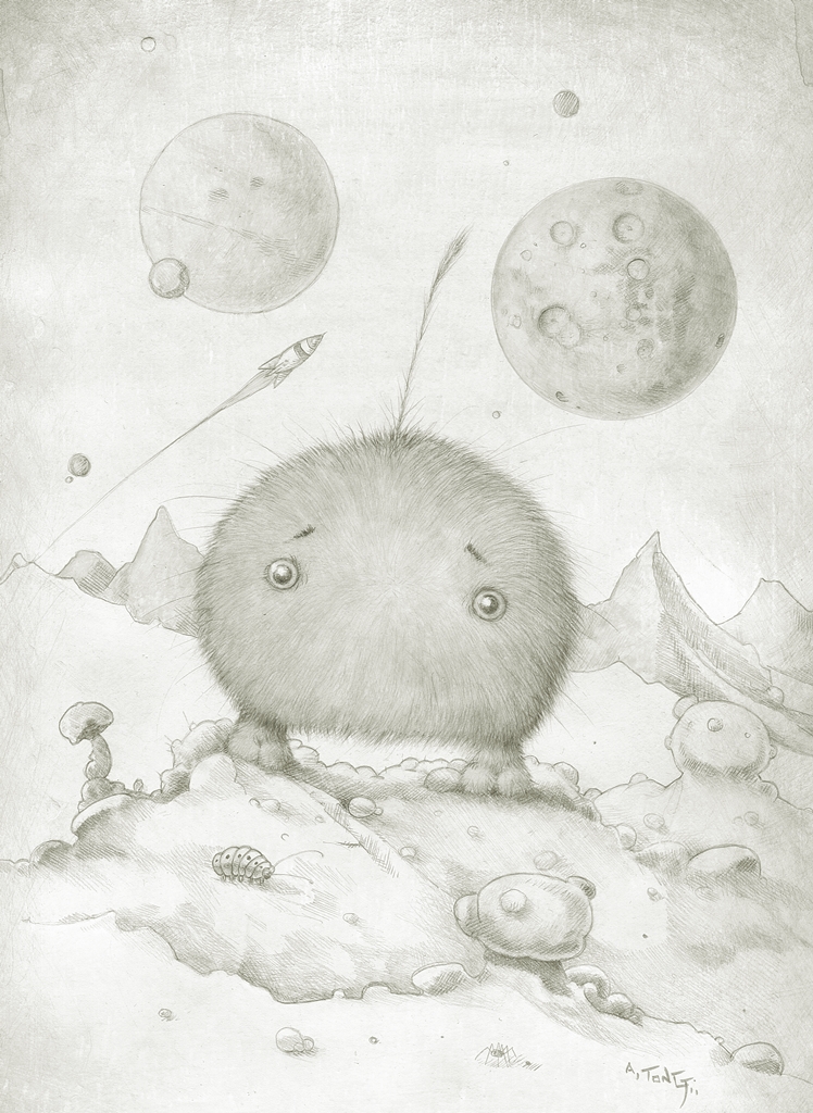 Silverpoint drawing of furry alien and rocket in the background