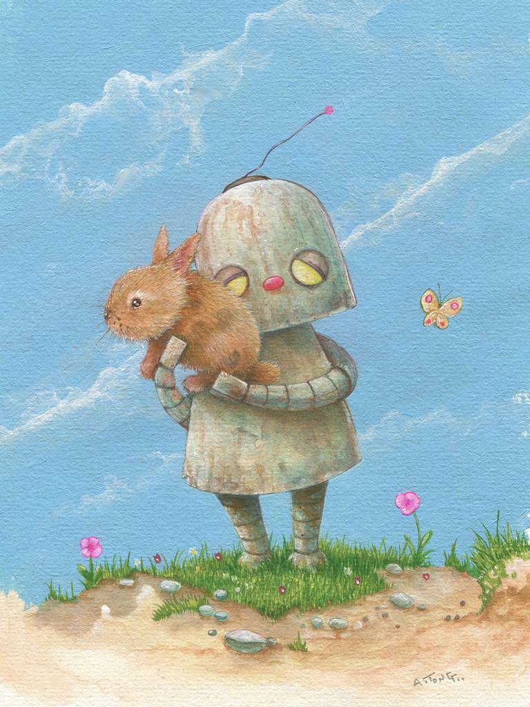 Small robot cuddling a bunny