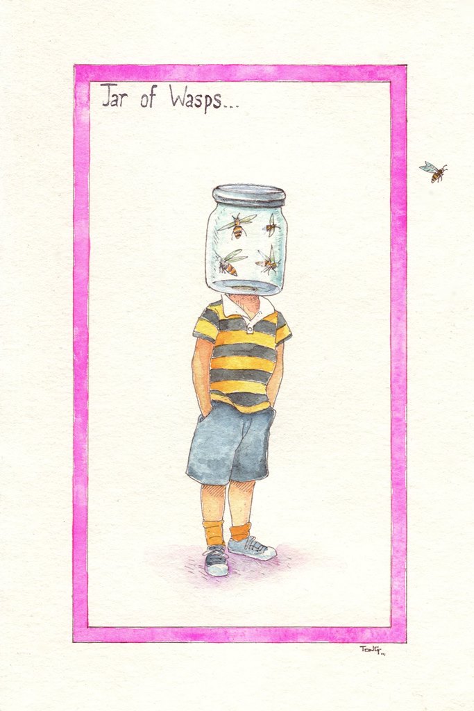 Watercolour painting of boy with a glass jar of wasps as a head